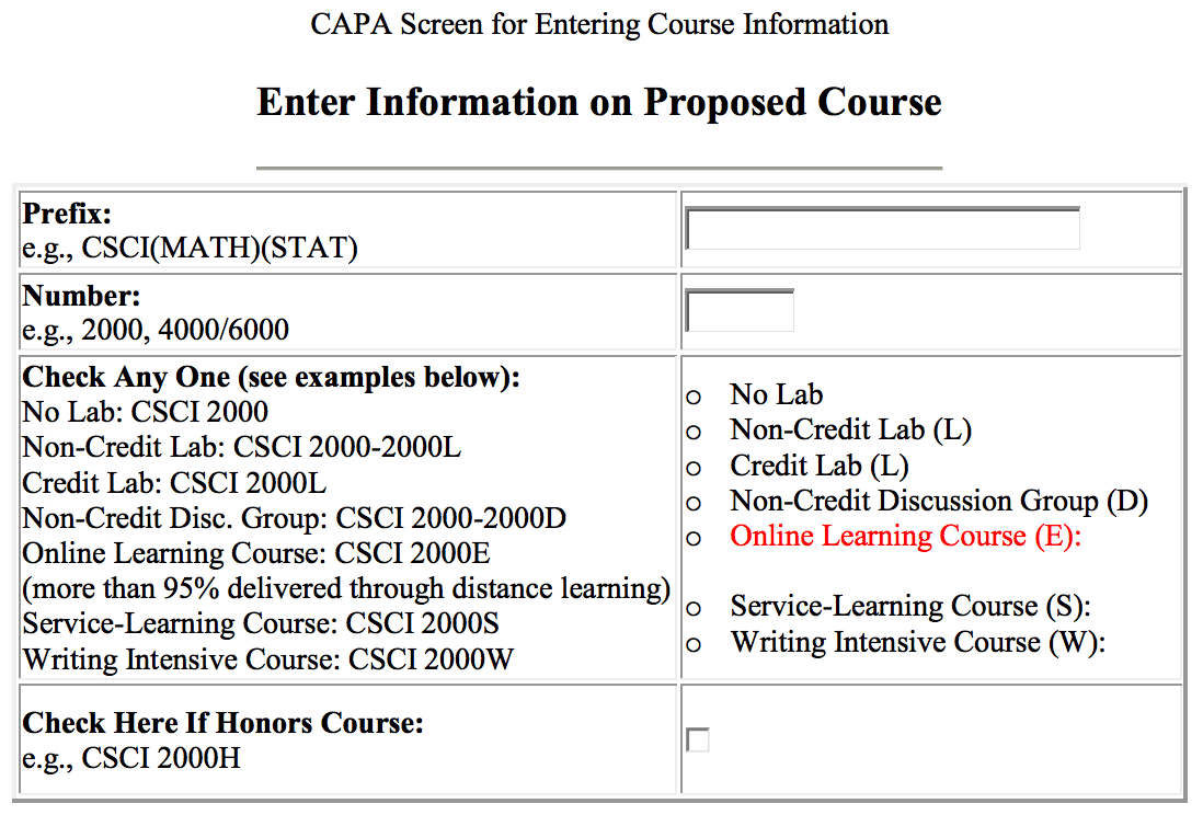Screenshot of e-suffix form from CAPA website.